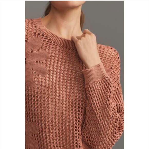 Pilcro/Anthopologie Coral Open Weave Sweater with Flowers Oversized M. NWT - Picture 3 of 11